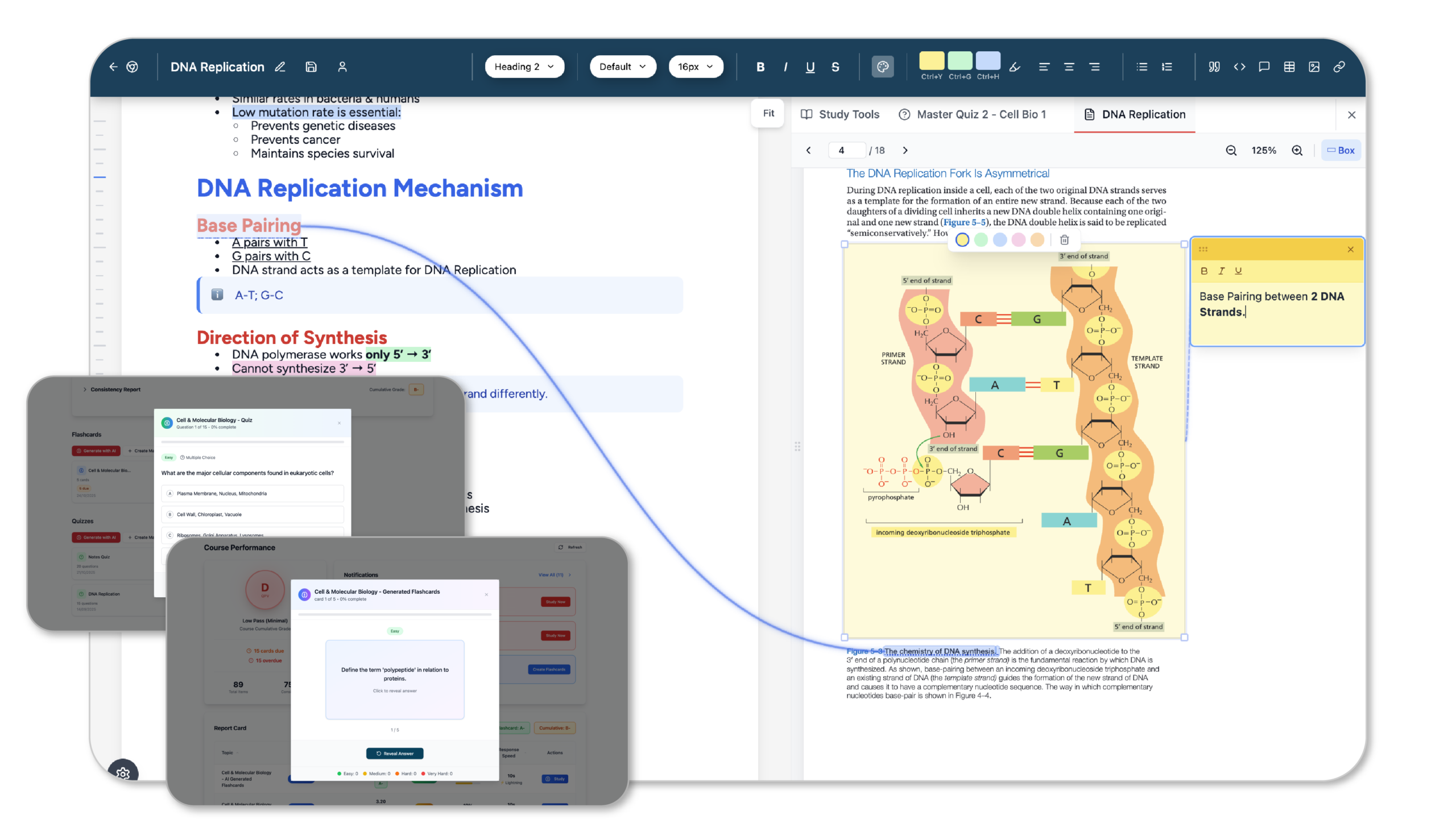 Notedaisy Innovative Feature of side by side pdf, sticky notes, flashcards, and quizzes