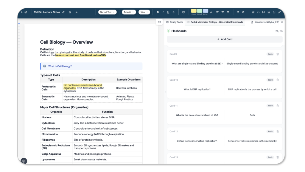 Notedaisy Flashcards within the note editor